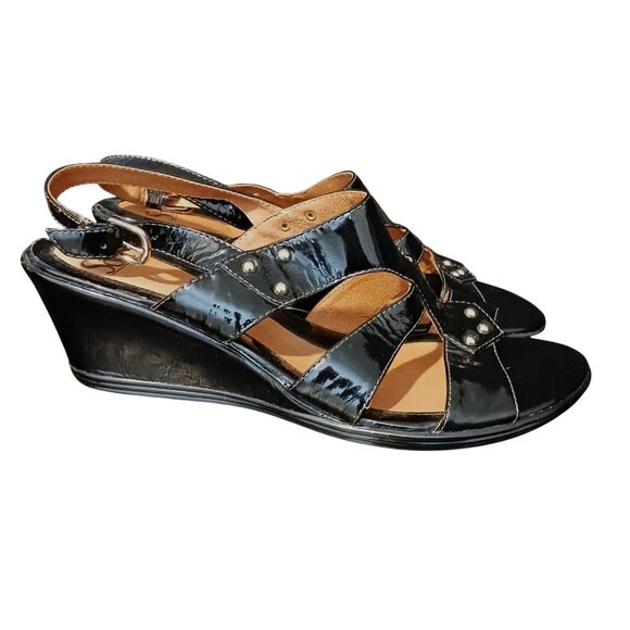 Sofft Black Patent Leather Studded Wedge Sandals Size 10 w/ Adjustable Strap - Picture 2 of 8